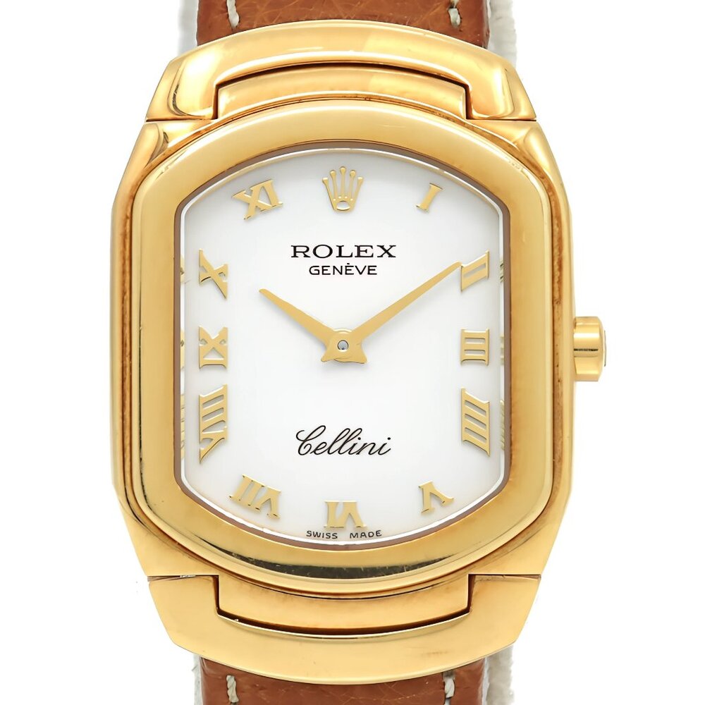 Rolex Cellini 18K Yellow Gold Cushion Case White Dial Roman Leather Watch 1991